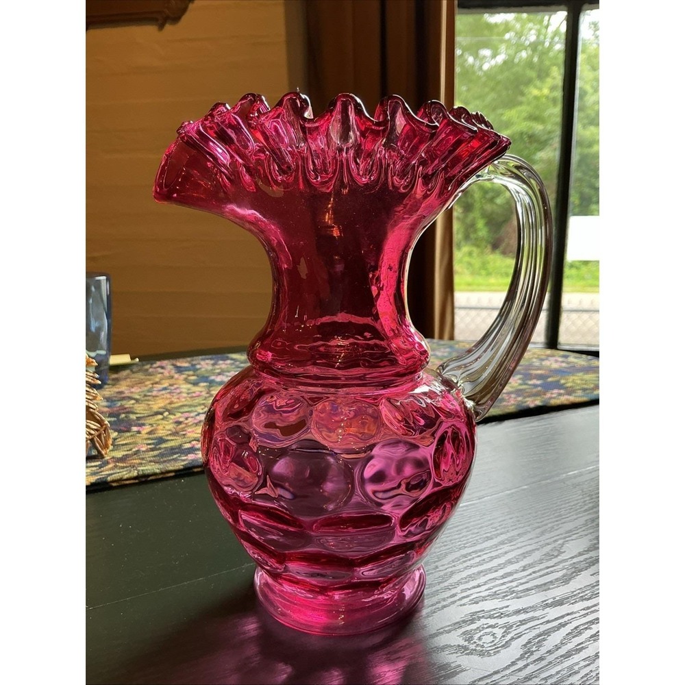 VTG‎ 8" Fenton Cranberry Thumbprint Pitcher Crimped Edge